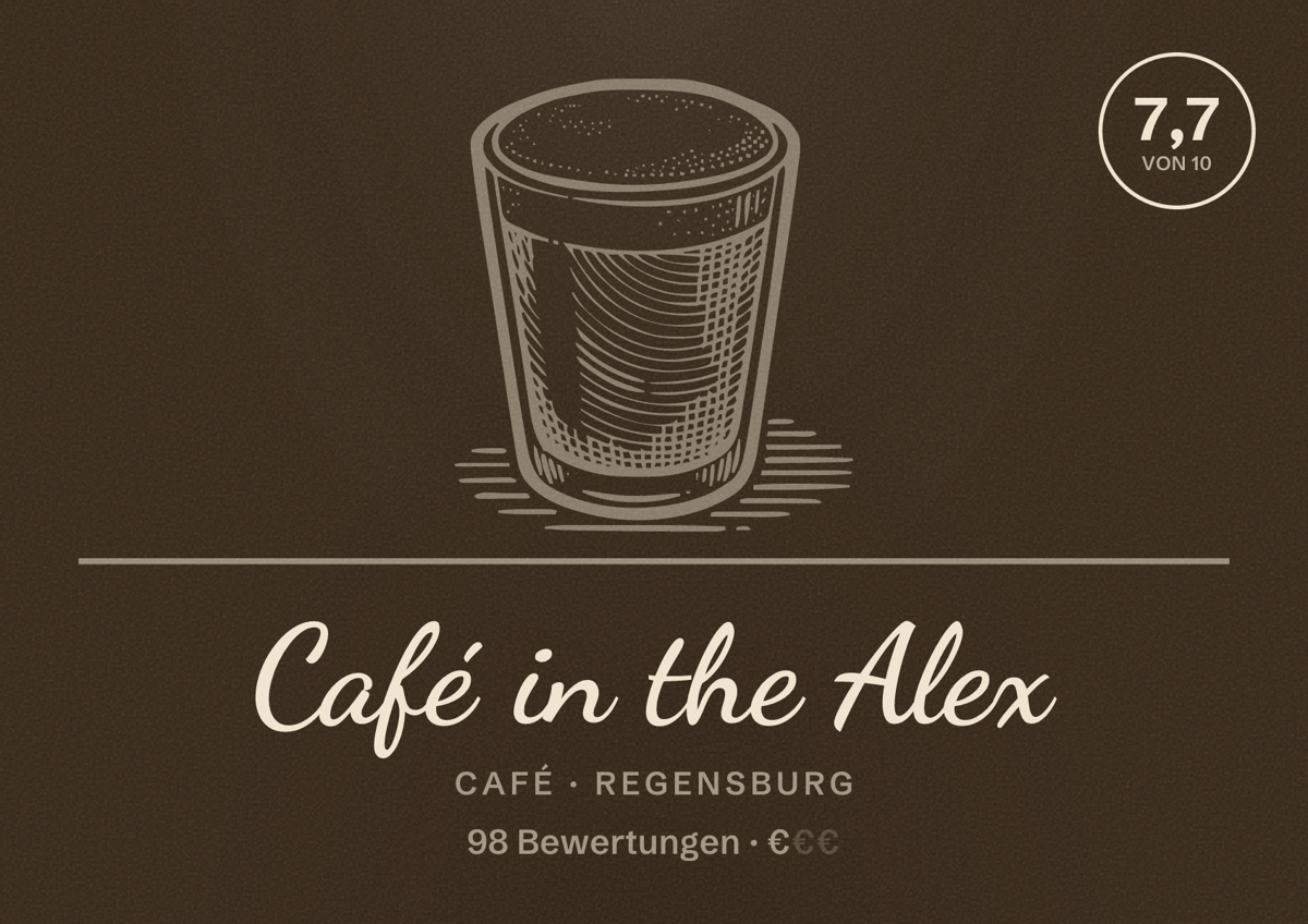 Illustriertes Poster von Café in the Alex, Café in Regensburg: Bewertung 7,7 von 10 aus 98 Bewertungen, Preisniveau €