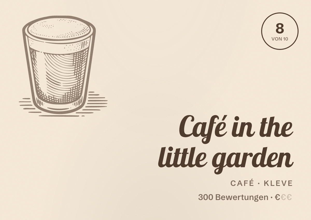 Illustriertes Poster von Café in the little garden, Café in Kleve: Bewertung 8 von 10 aus 300 Bewertungen, Preisniveau €
