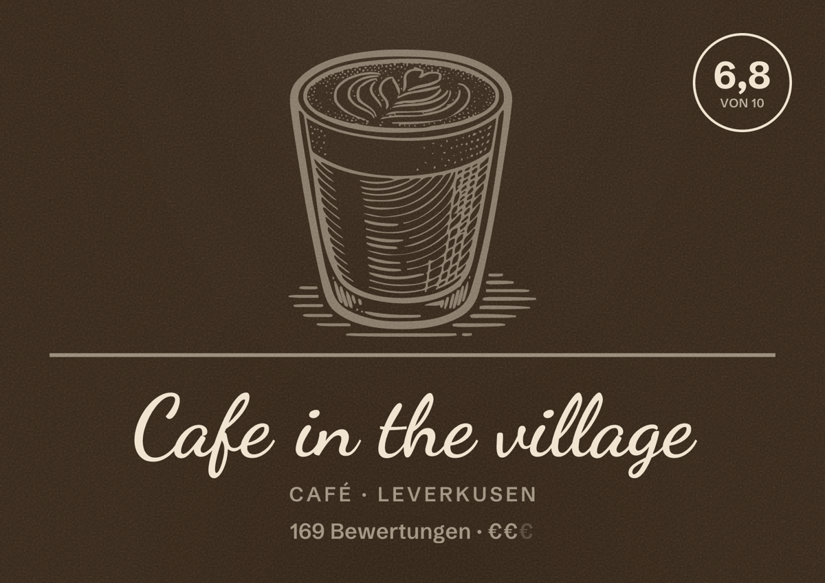 Illustriertes Poster von Cafe in the village, Café in Leverkusen: Bewertung 6,8 von 10 aus 169 Bewertungen, Preisniveau €€