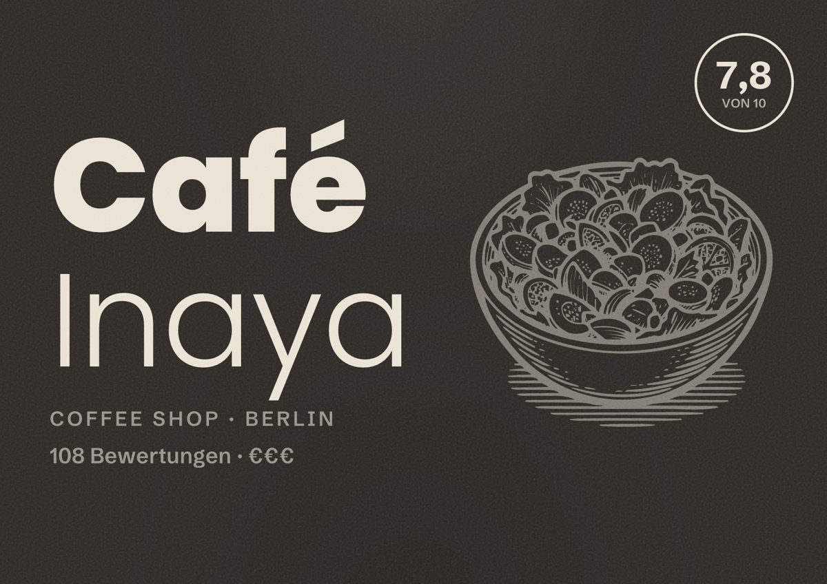 Illustriertes Poster von Café Inaya, Coffee Shop in Berlin: Bewertung 7,8 von 10 aus 108 Bewertungen, Preisniveau €€€