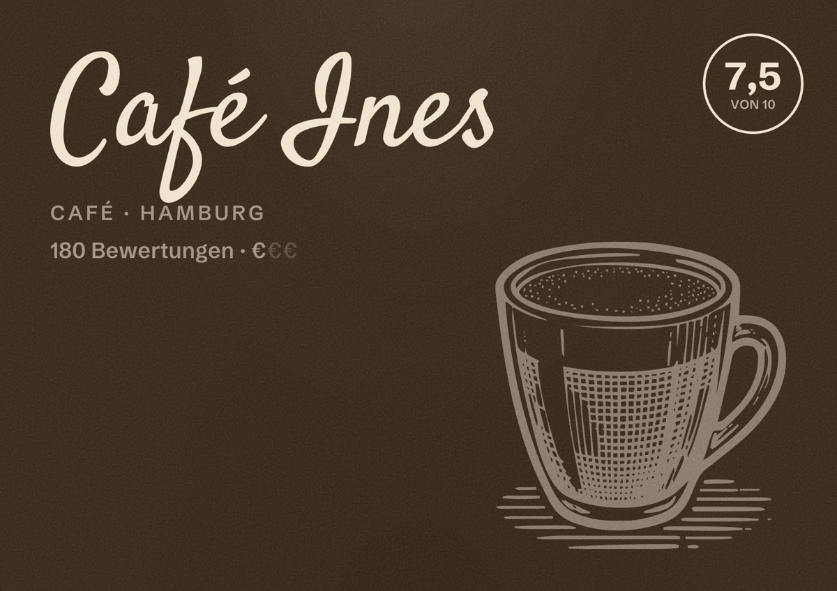 Illustriertes Poster von Café Ines, Café in Hamburg: Bewertung 7,5 von 10 aus 180 Bewertungen, Preisniveau €