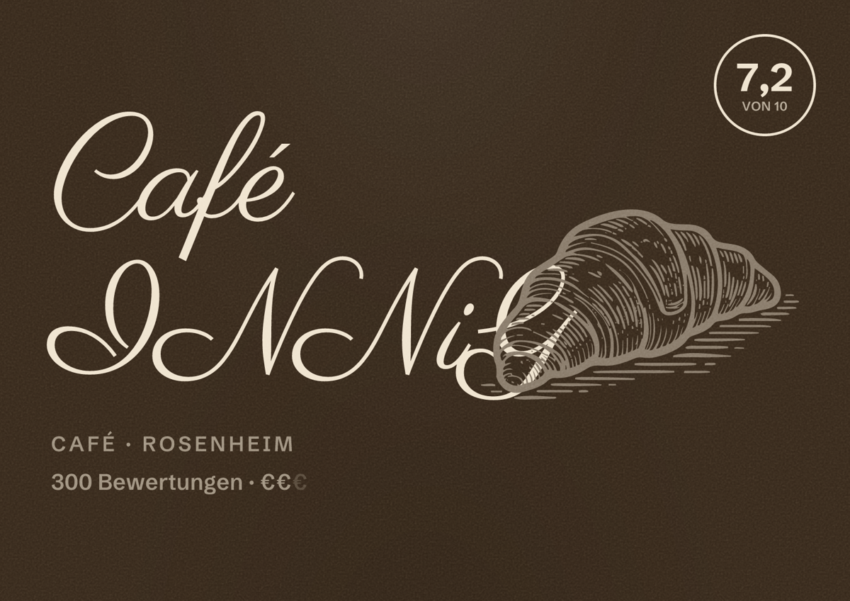 Illustriertes Poster von Café INNiG, Café in Rosenheim: Bewertung 7,2 von 10 aus 300 Bewertungen, Preisniveau €€