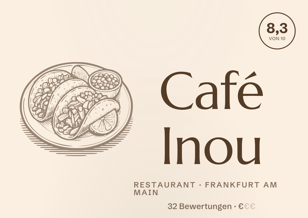 Illustriertes Poster von Café Inou, Restaurant in Frankfurt am Main: Bewertung 8,3 von 10 aus 32 Bewertungen, Preisniveau €