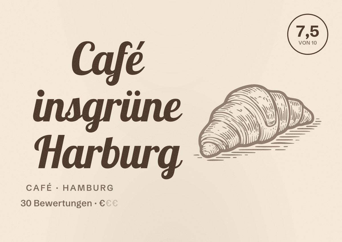 Illustriertes Poster von Café insgrüne Harburg, Café in Hamburg: Bewertung 7,5 von 10 aus 30 Bewertungen, Preisniveau €