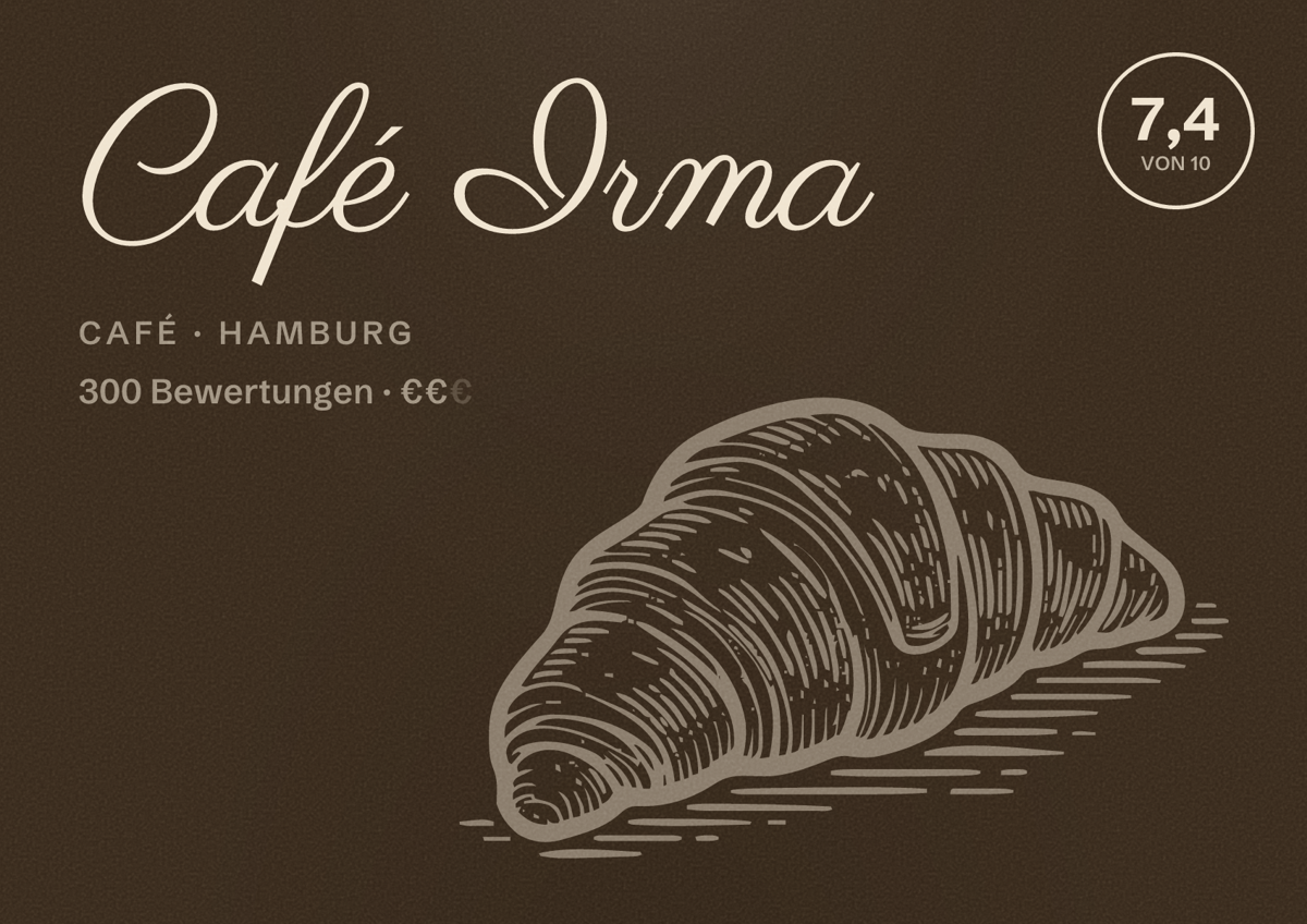 Illustriertes Poster von Café Irma, Café in Hamburg: Bewertung 7,4 von 10 aus 300 Bewertungen, Preisniveau €€