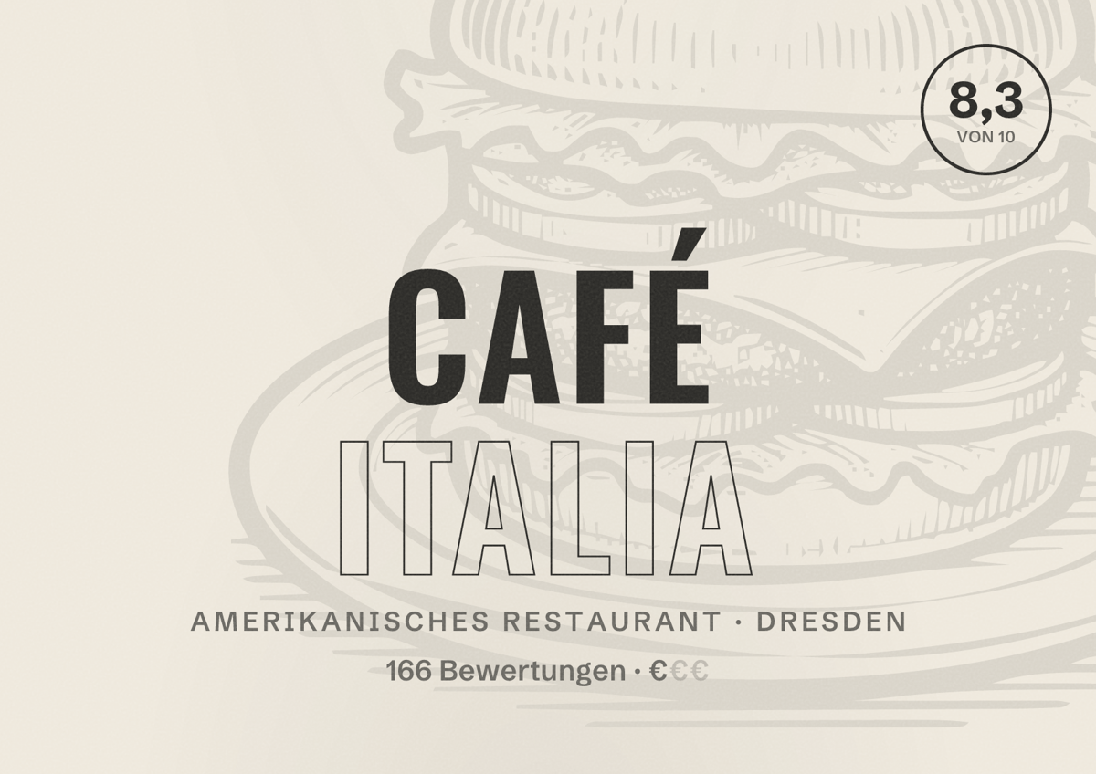Illustriertes Poster von Café Italia, Amerikanisches Restaurant in Dresden: Bewertung 8,3 von 10 aus 166 Bewertungen, Preisniveau €