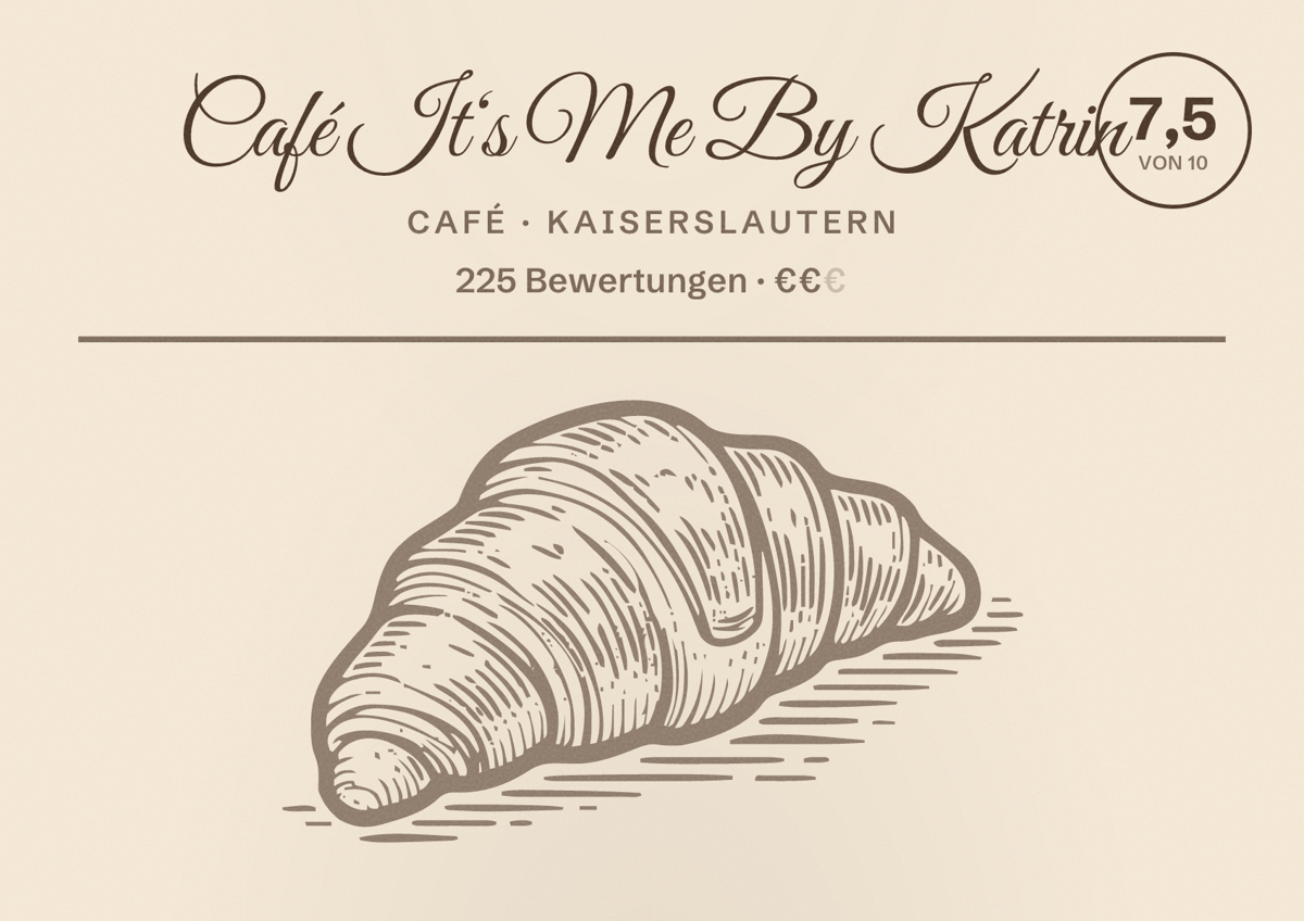 Illustriertes Poster von Café It‘s Me By Katrin, Café in Kaiserslautern: Bewertung 7,5 von 10 aus 225 Bewertungen, Preisniveau €€
