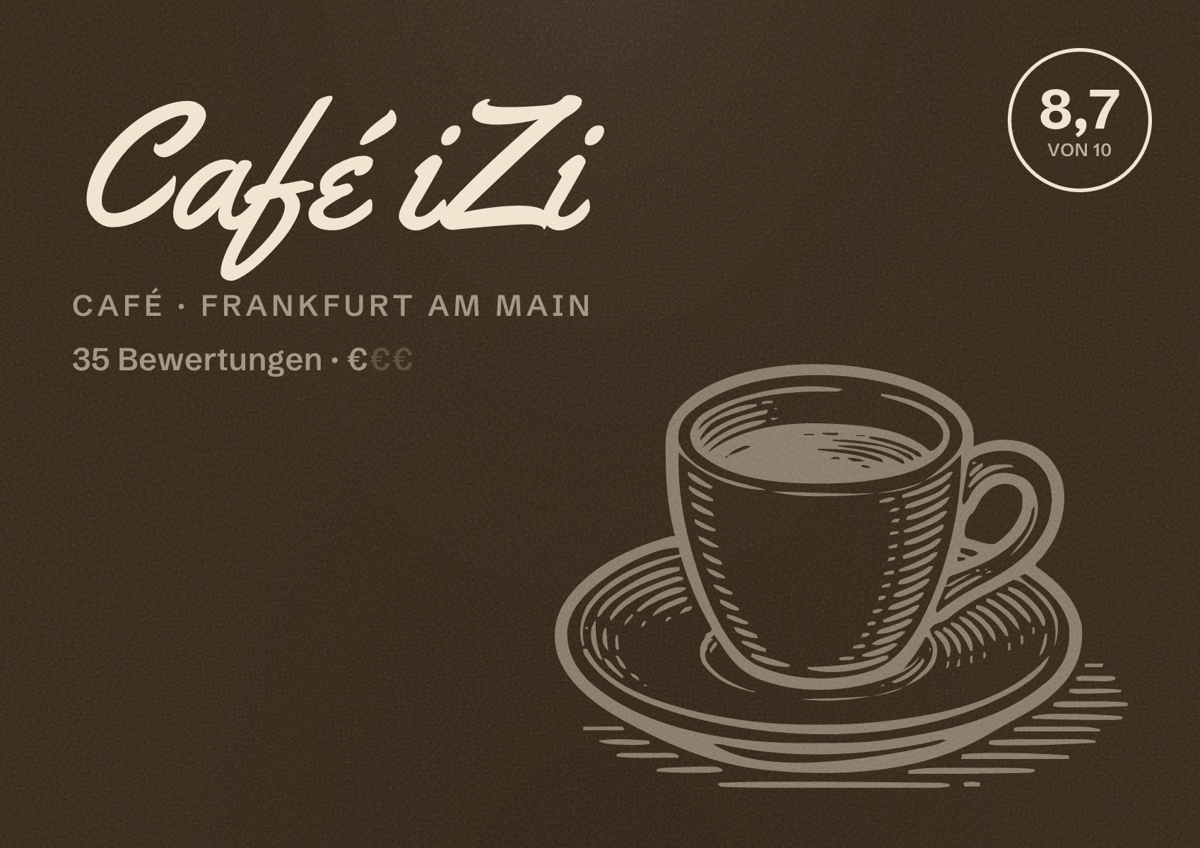 Illustriertes Poster von Café iZi, Café in Frankfurt am Main: Bewertung 8,7 von 10 aus 35 Bewertungen, Preisniveau €