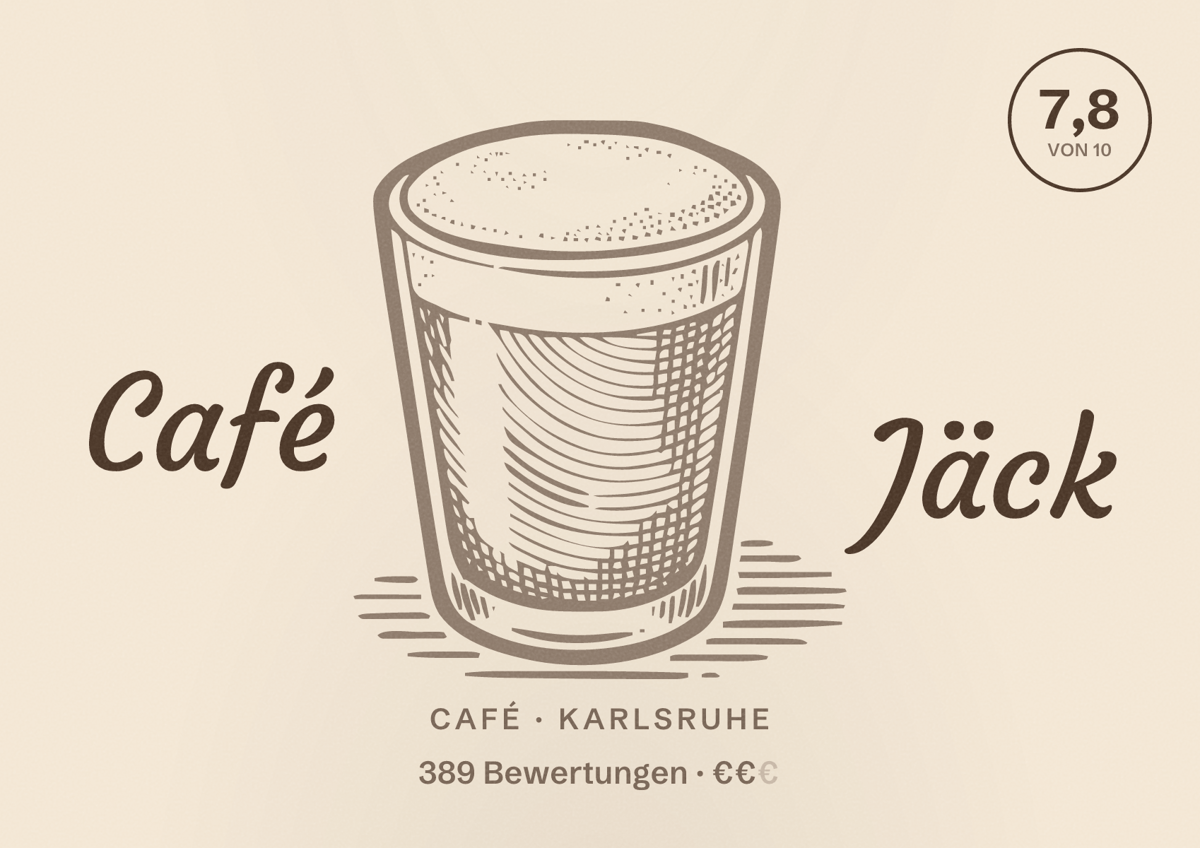 Illustriertes Poster von Café Jäck, Café in Karlsruhe: Bewertung 7,8 von 10 aus 389 Bewertungen, Preisniveau €€