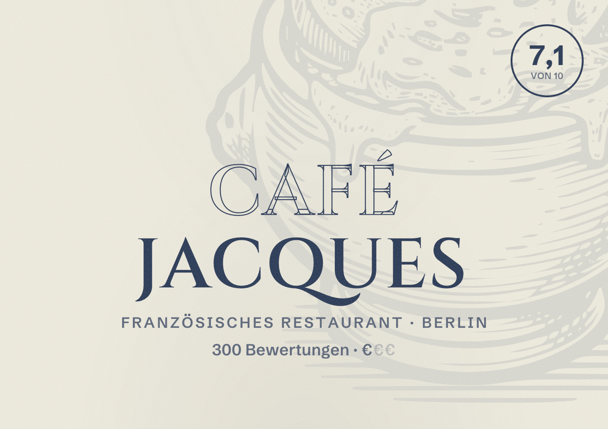 Illustriertes Poster von Café Jacques, Französisches Restaurant in Berlin: Bewertung 7,1 von 10 aus 300 Bewertungen, Preisniveau €