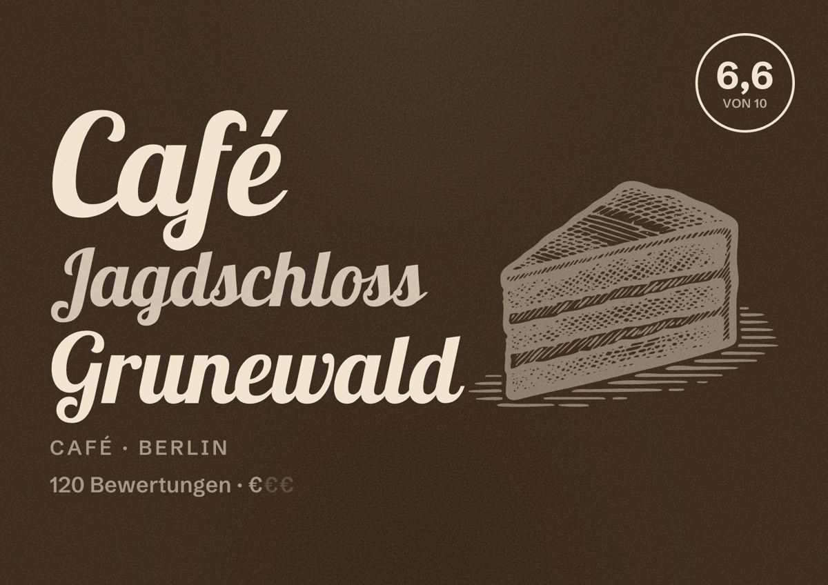 Illustriertes Poster von Café Jagdschloss Grunewald, Café in Berlin: Bewertung 6,6 von 10 aus 120 Bewertungen, Preisniveau €