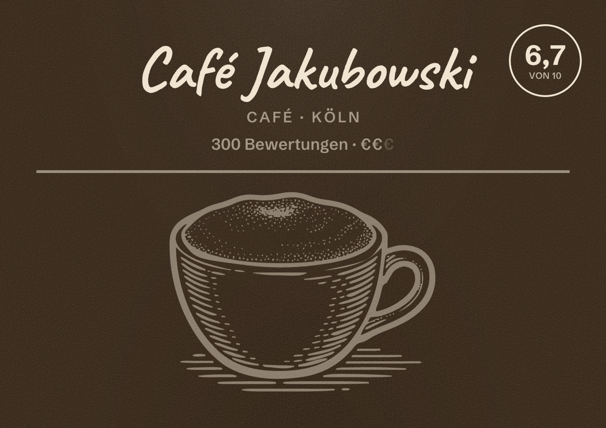 Illustriertes Poster von Café Jakubowski, Café in Köln: Bewertung 6,7 von 10 aus 300 Bewertungen, Preisniveau €€