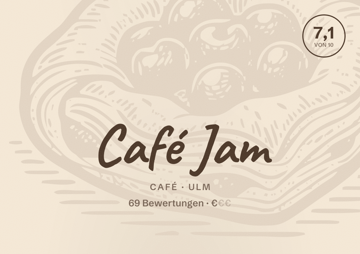 Illustriertes Poster von Café Jam, Café in Ulm: Bewertung 7,1 von 10 aus 69 Bewertungen, Preisniveau €