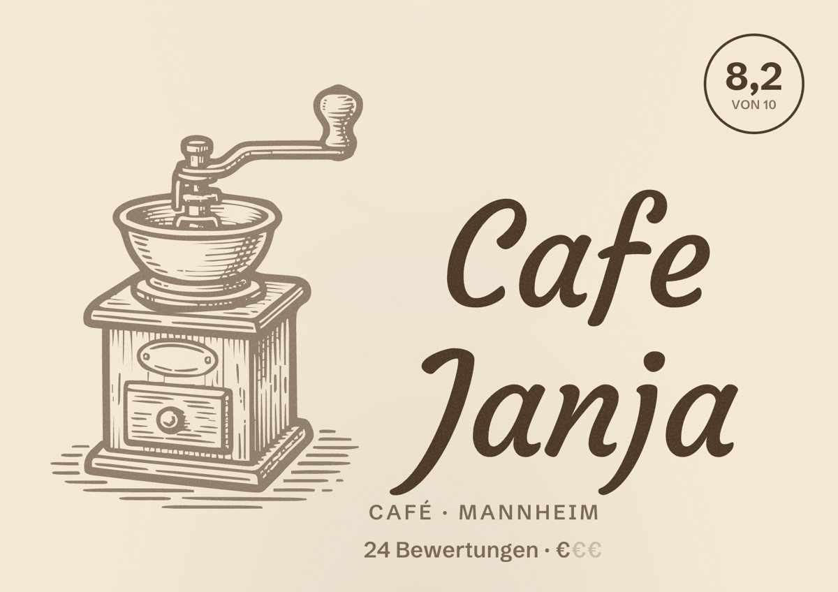 Illustriertes Poster von Cafe Janja, Café in Mannheim: Bewertung 8,2 von 10 aus 24 Bewertungen, Preisniveau €