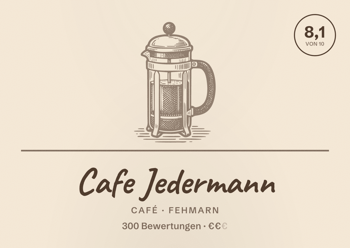 Illustriertes Poster von Cafe Jedermann, Café in Fehmarn: Bewertung 8,1 von 10 aus 300 Bewertungen, Preisniveau €€