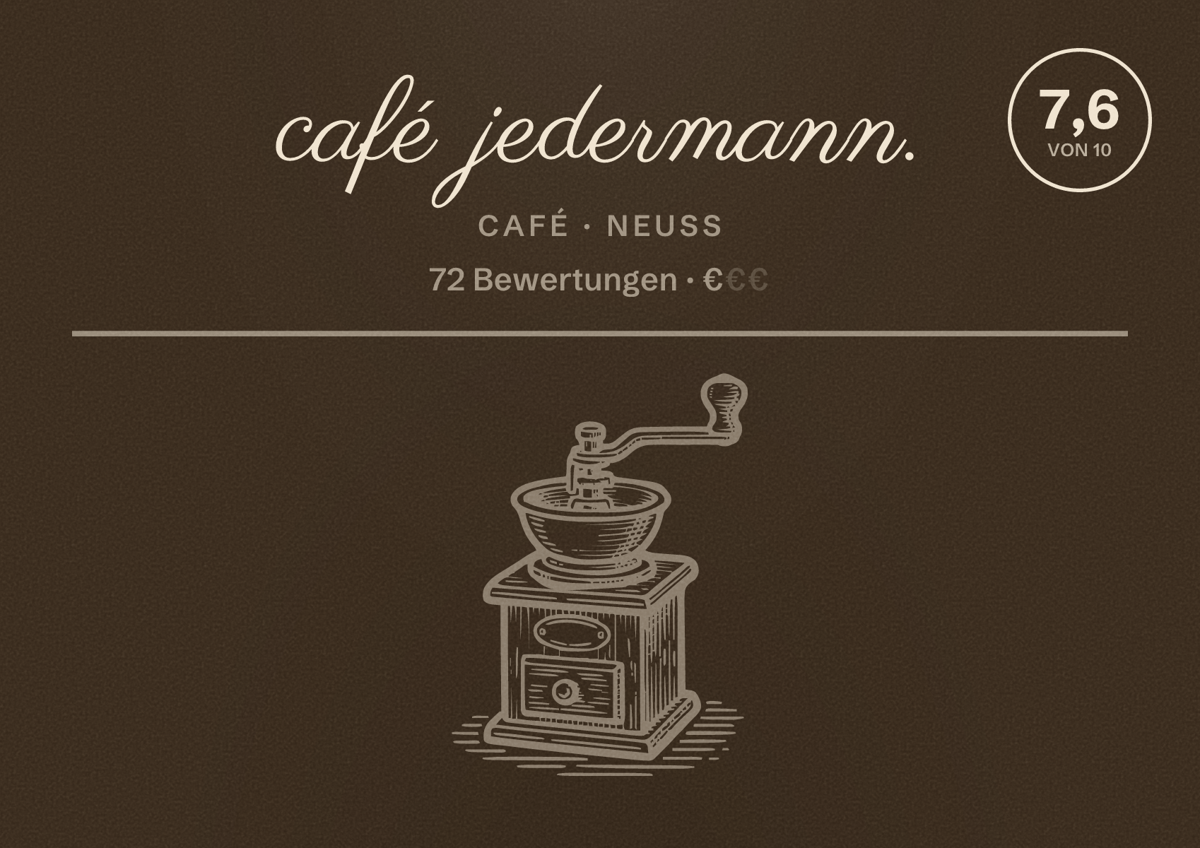 Illustriertes Poster von café jedermann., Café in Neuss: Bewertung 7,6 von 10 aus 72 Bewertungen, Preisniveau €