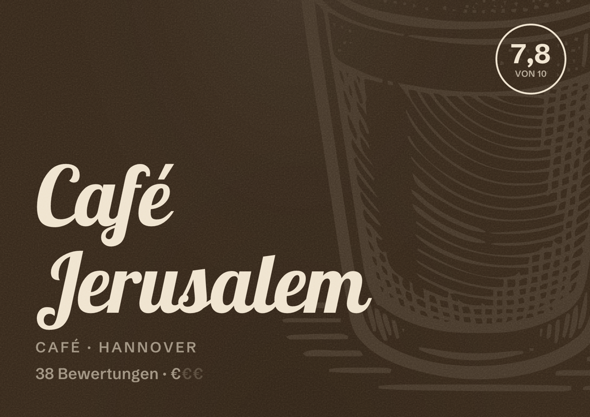 Illustriertes Poster von Café Jerusalem, Café in Hannover: Bewertung 7,8 von 10 aus 38 Bewertungen, Preisniveau €