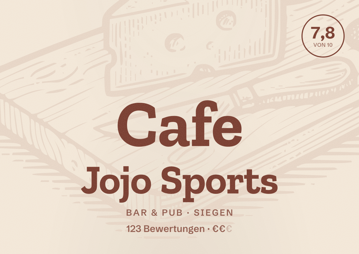 Illustriertes Poster von Cafe Jojo Sports, Bar & Pub in Siegen: Bewertung 7,8 von 10 aus 123 Bewertungen, Preisniveau €€