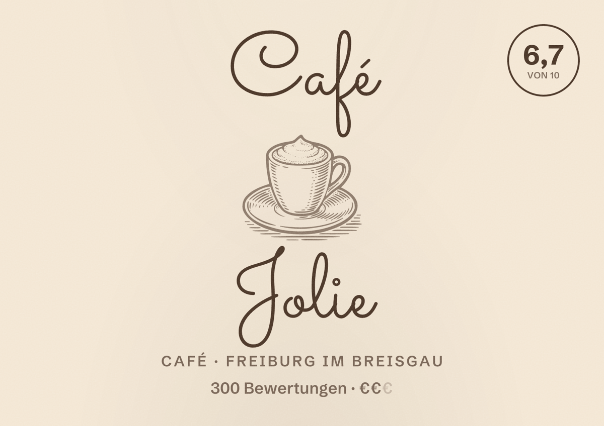 Illustriertes Poster von Café Jolie, Café in Freiburg im Breisgau: Bewertung 6,7 von 10 aus 300 Bewertungen, Preisniveau €€