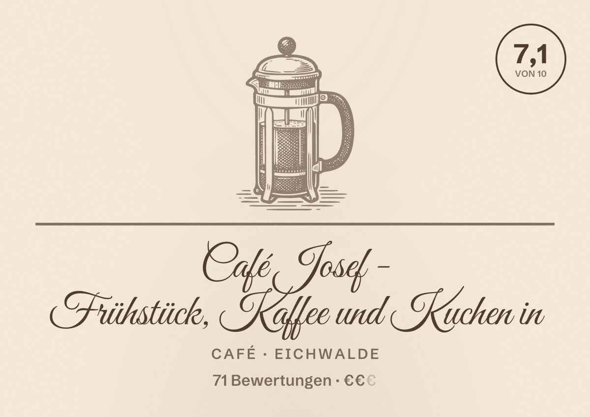 Illustriertes Poster von Café Josef - Frühstück, Kaffee und Kuchen in, Café in Eichwalde: Bewertung 7,1 von 10 aus 71 Bewertungen, Preisniveau €€