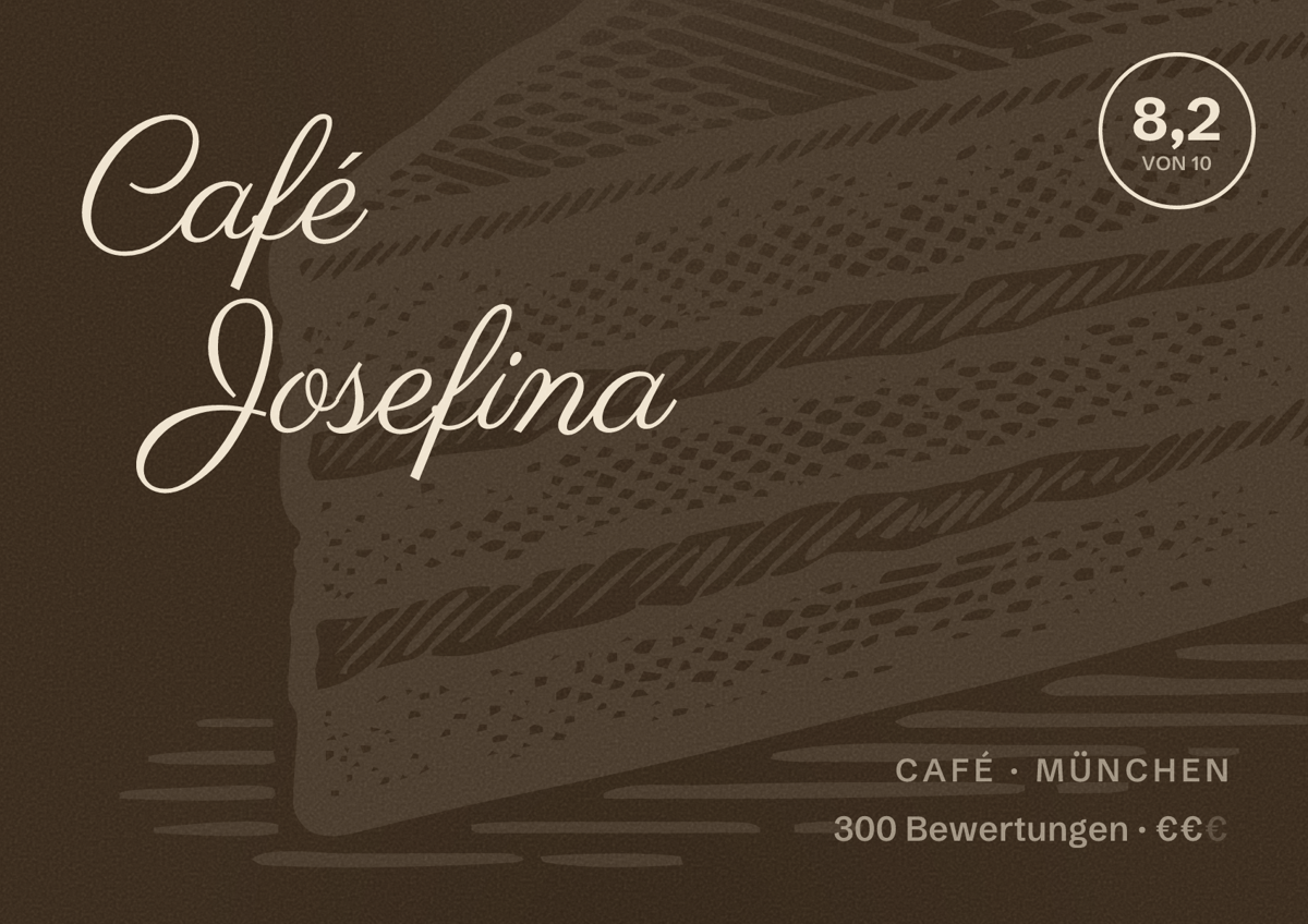 Illustriertes Poster von Café Josefina, Café in München: Bewertung 8,2 von 10 aus 300 Bewertungen, Preisniveau €€