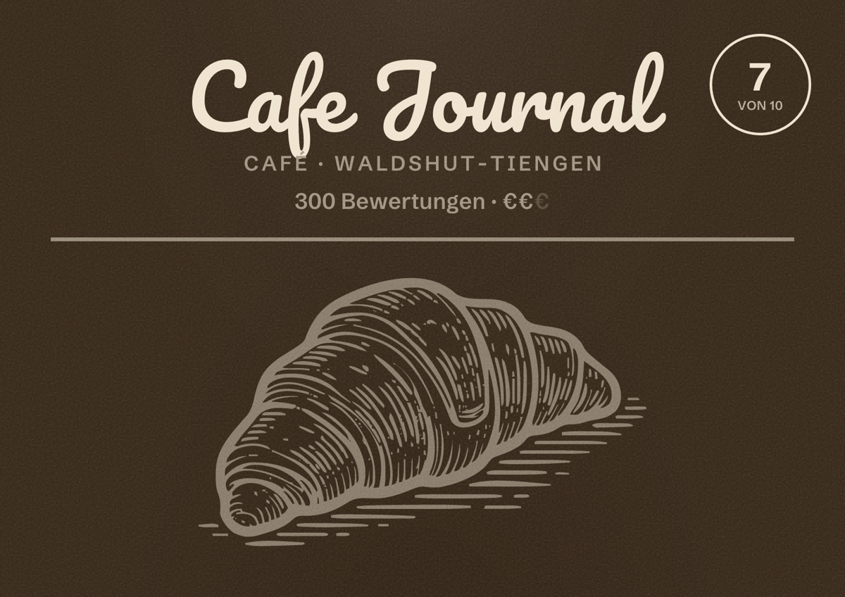 Illustriertes Poster von Cafe Journal, Café in Waldshut-Tiengen: Bewertung 7 von 10 aus 300 Bewertungen, Preisniveau €€