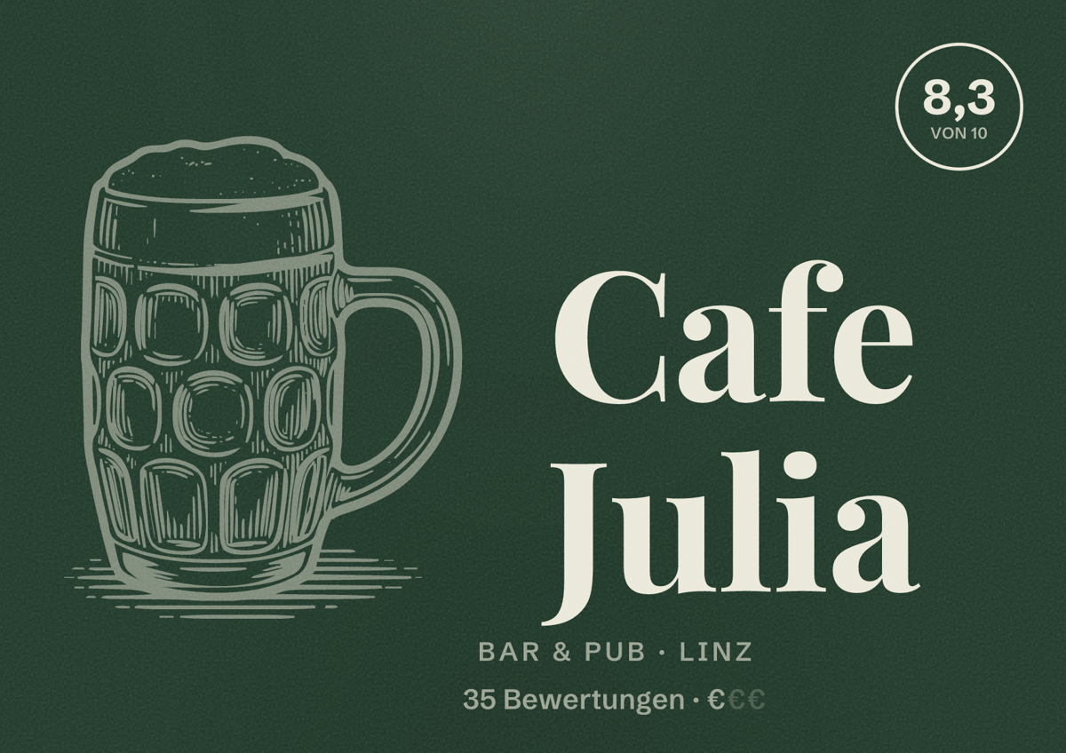 Illustriertes Poster von Cafe Julia, Bar & Pub in Linz: Bewertung 8,3 von 10 aus 35 Bewertungen, Preisniveau €