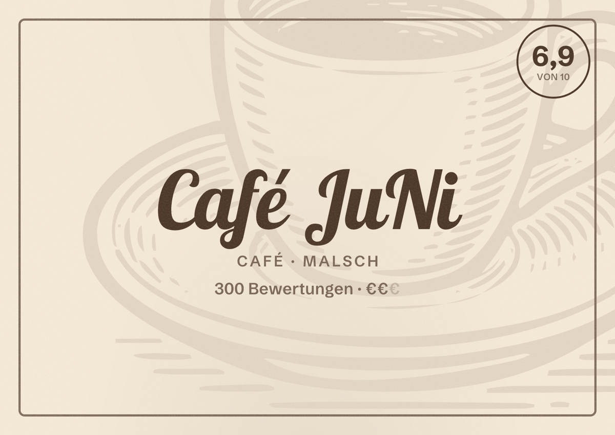 Illustriertes Poster von Café JuNi, Café in Malsch: Bewertung 6,9 von 10 aus 300 Bewertungen, Preisniveau €€