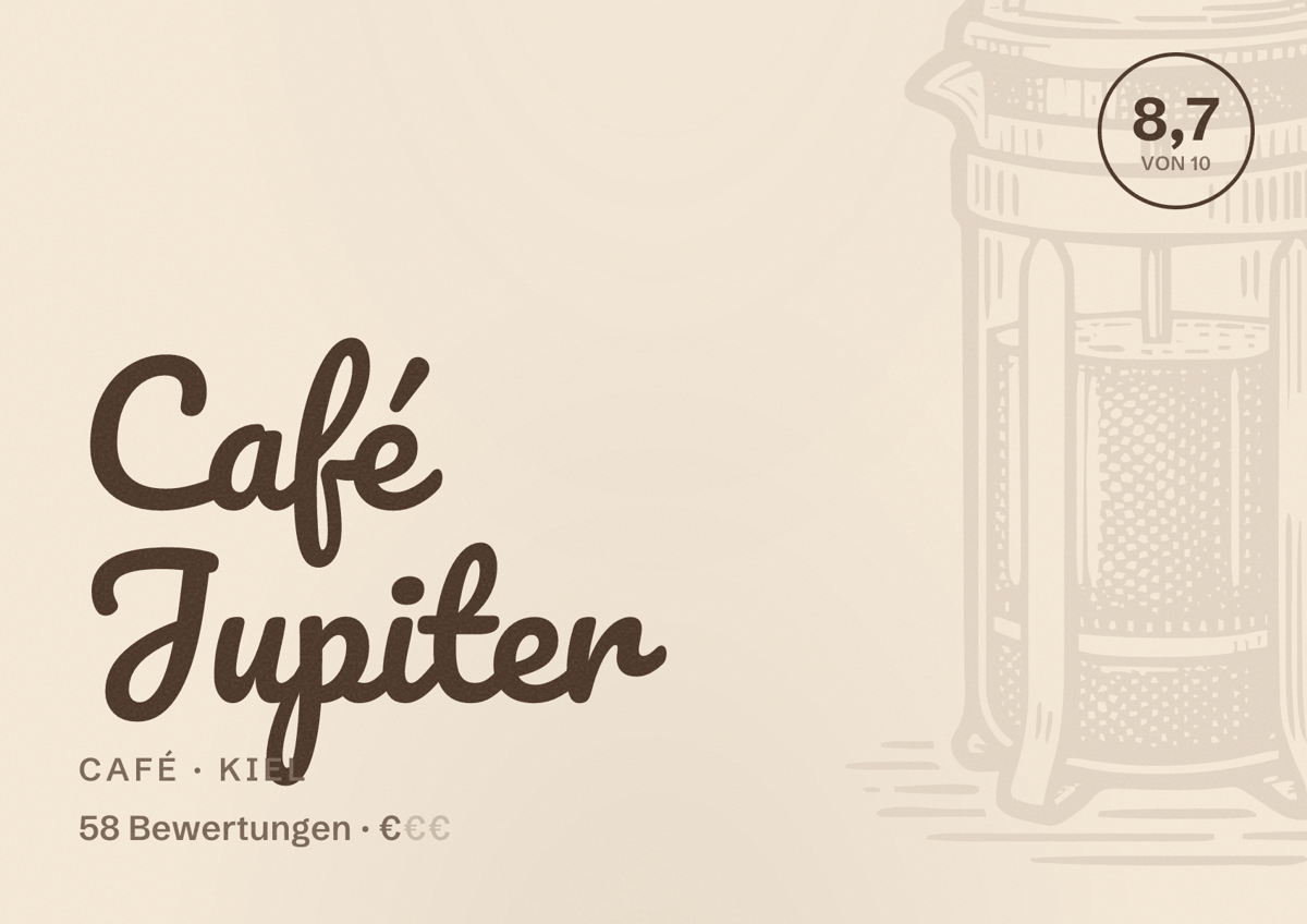 Illustriertes Poster von Café Jupiter, Café in Kiel: Bewertung 8,7 von 10 aus 58 Bewertungen, Preisniveau €