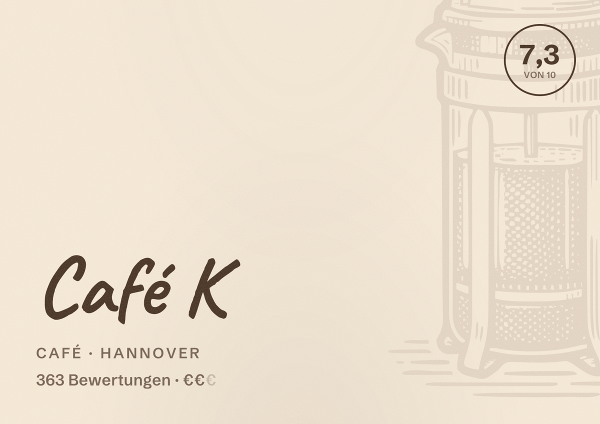 Illustriertes Poster von Café K, Café in Hannover: Bewertung 7,3 von 10 aus 363 Bewertungen, Preisniveau €€