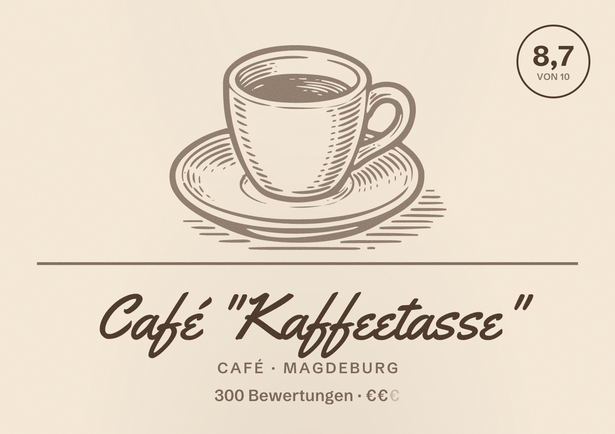 Illustriertes Poster von Café "Kaffeetasse", Café in Magdeburg: Bewertung 8,7 von 10 aus 300 Bewertungen, Preisniveau €€