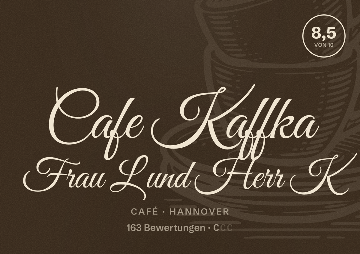 Illustriertes Poster von Cafe Kaffka Frau L und Herr K, Café in Hannover: Bewertung 8,5 von 10 aus 163 Bewertungen, Preisniveau €