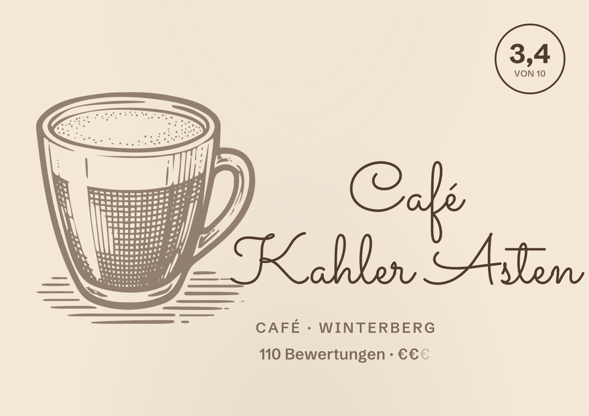 Illustriertes Poster von Café Kahler Asten, Café in Winterberg: Bewertung 3,4 von 10 aus 110 Bewertungen, Preisniveau €€