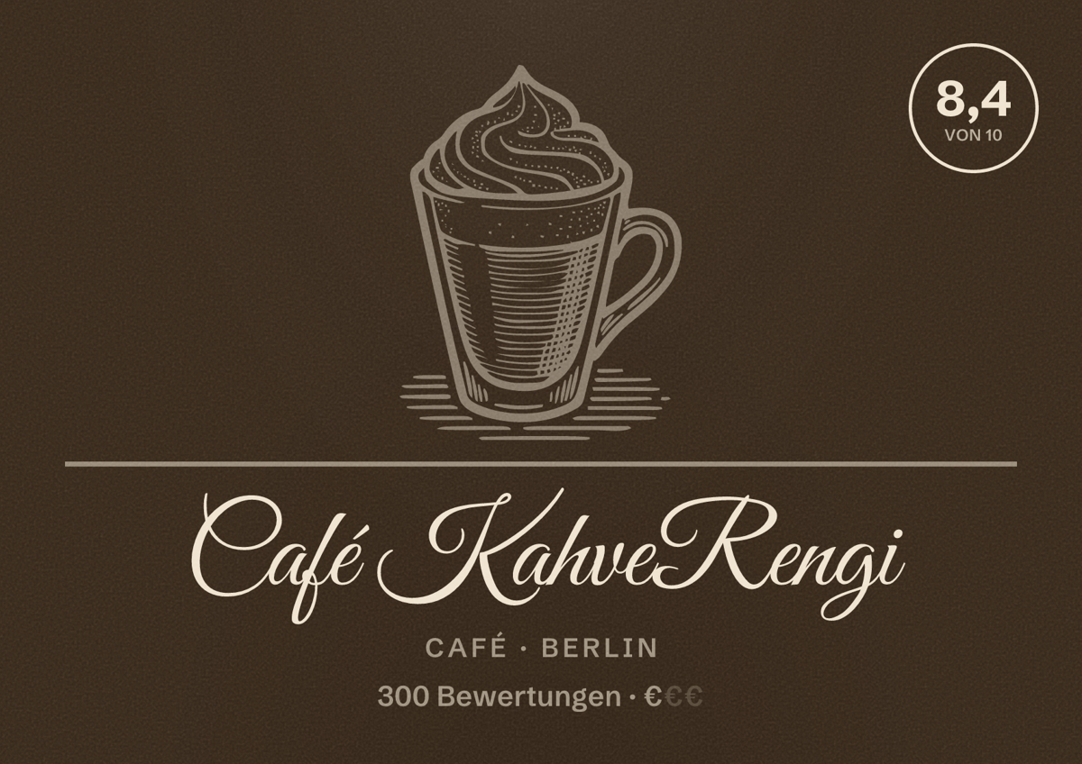 Illustriertes Poster von Café KahveRengi, Café in Berlin: Bewertung 8,4 von 10 aus 300 Bewertungen, Preisniveau €