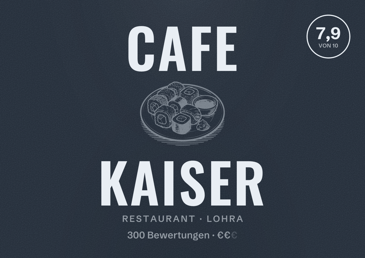 Illustriertes Poster von Cafe Kaiser, Restaurant in Lohra: Bewertung 7,9 von 10 aus 300 Bewertungen, Preisniveau €€