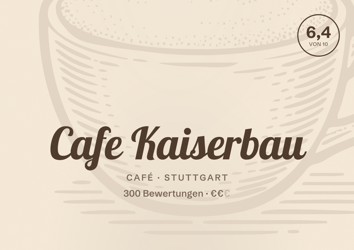 Illustriertes Poster von Cafe Kaiserbau, Café in Stuttgart: Bewertung 6,4 von 10 aus 300 Bewertungen, Preisniveau €€