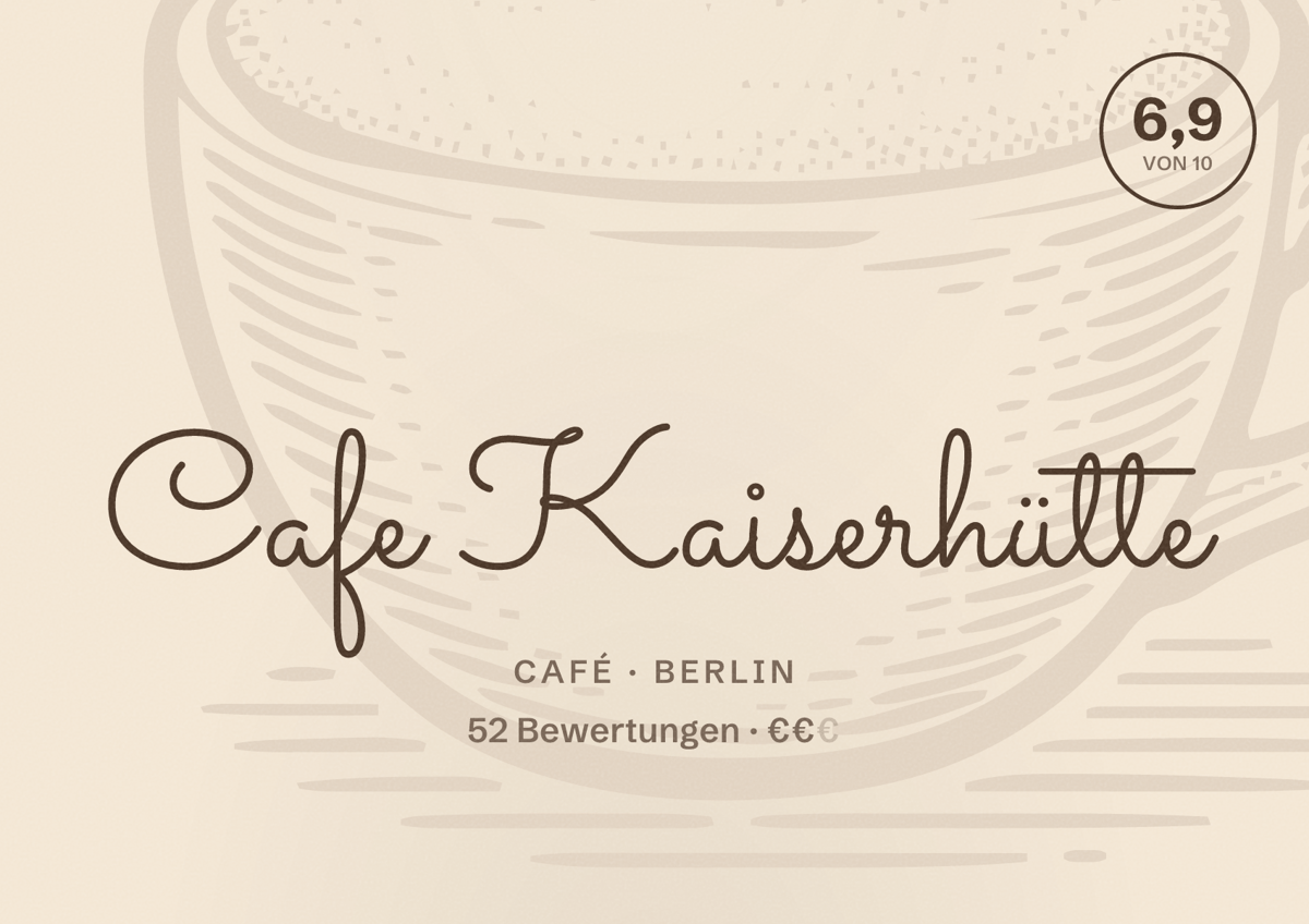 Illustriertes Poster von Cafe Kaiserhütte, Café in Berlin: Bewertung 6,9 von 10 aus 52 Bewertungen, Preisniveau €€