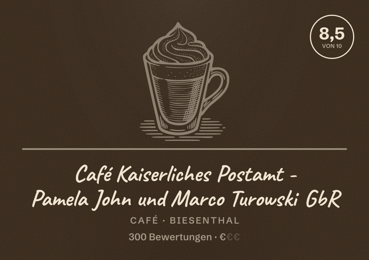 Illustriertes Poster von Café Kaiserliches Postamt - Pamela John und Marco Turowski GbR, Café in Biesenthal: Bewertung 8,5 von 10 aus 300 Bewertungen, Preisniveau €