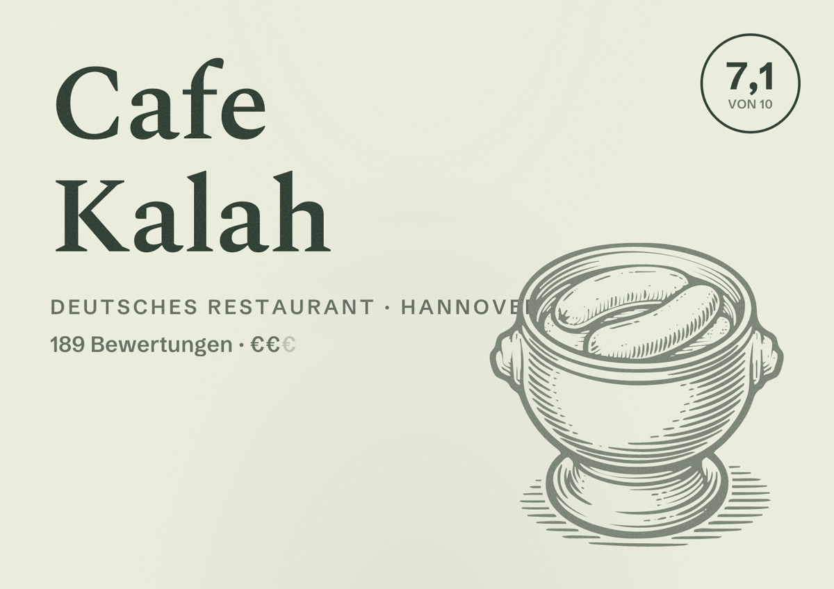 Illustriertes Poster von Cafe Kalah, Deutsches Restaurant in Hannover: Bewertung 7,1 von 10 aus 189 Bewertungen, Preisniveau €€