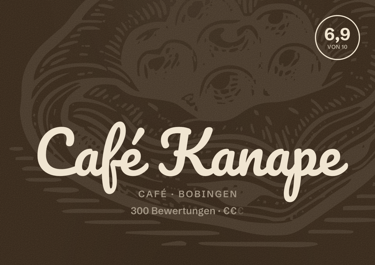 Illustriertes Poster von Café Kanape, Café in Bobingen: Bewertung 6,9 von 10 aus 300 Bewertungen, Preisniveau €€