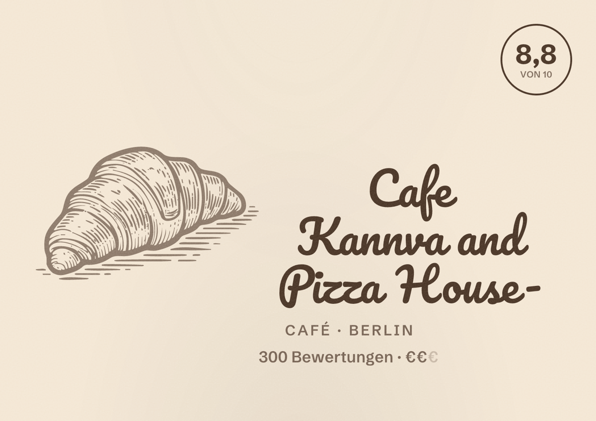 Illustriertes Poster von Cafe Kannva and Pizza House -, Café in Berlin: Bewertung 8,8 von 10 aus 300 Bewertungen, Preisniveau €€
