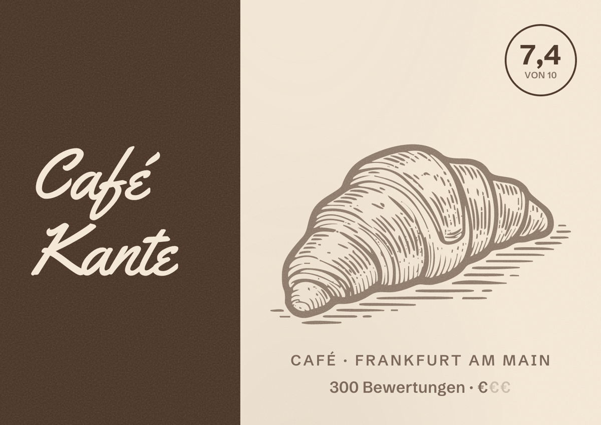 Illustriertes Poster von Café Kante, Café in Frankfurt am Main: Bewertung 7,4 von 10 aus 300 Bewertungen, Preisniveau €