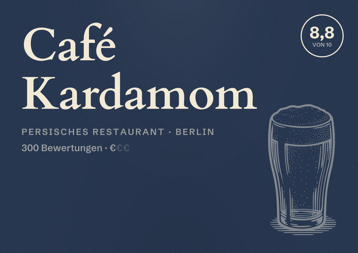 Illustriertes Poster von Café Kardamom, Persisches Restaurant in Berlin: Bewertung 8,8 von 10 aus 300 Bewertungen, Preisniveau €