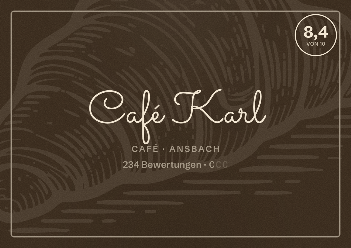 Illustriertes Poster von Café Karl, Café in Ansbach: Bewertung 8,4 von 10 aus 234 Bewertungen, Preisniveau €