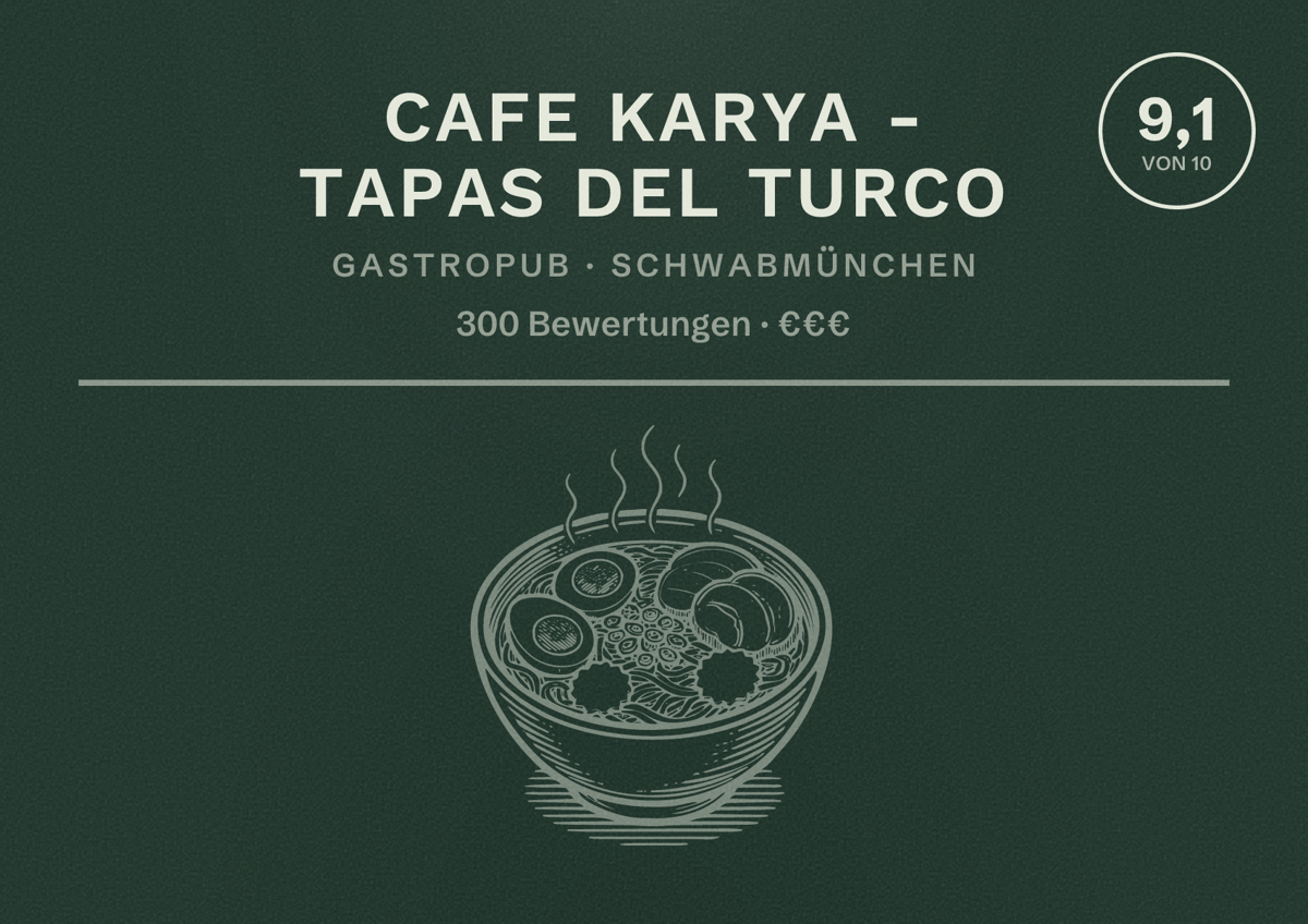 Illustriertes Poster von Cafe Karya - Tapas del Turco, Gastropub in Schwabmünchen: Bewertung 9,1 von 10 aus 300 Bewertungen, Preisniveau €€€
