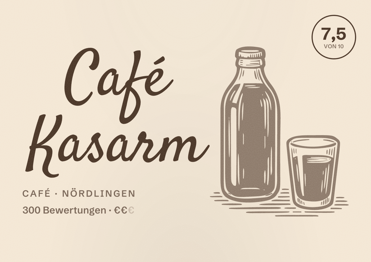 Illustriertes Poster von Café Kasarm, Café in Nördlingen: Bewertung 7,5 von 10 aus 300 Bewertungen, Preisniveau €€
