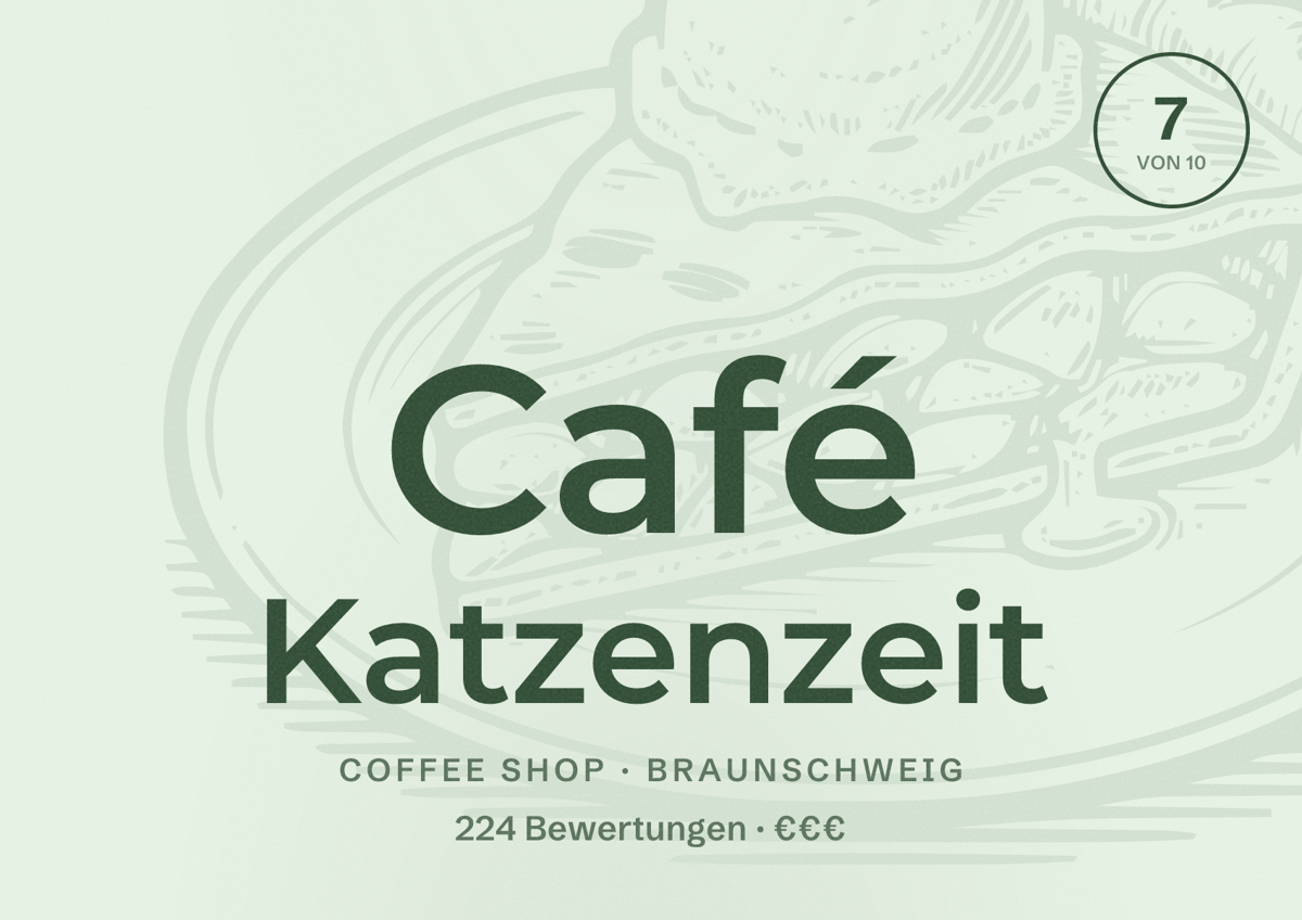 Illustriertes Poster von Café Katzenzeit, Coffee Shop in Braunschweig: Bewertung 7 von 10 aus 224 Bewertungen, Preisniveau €€€