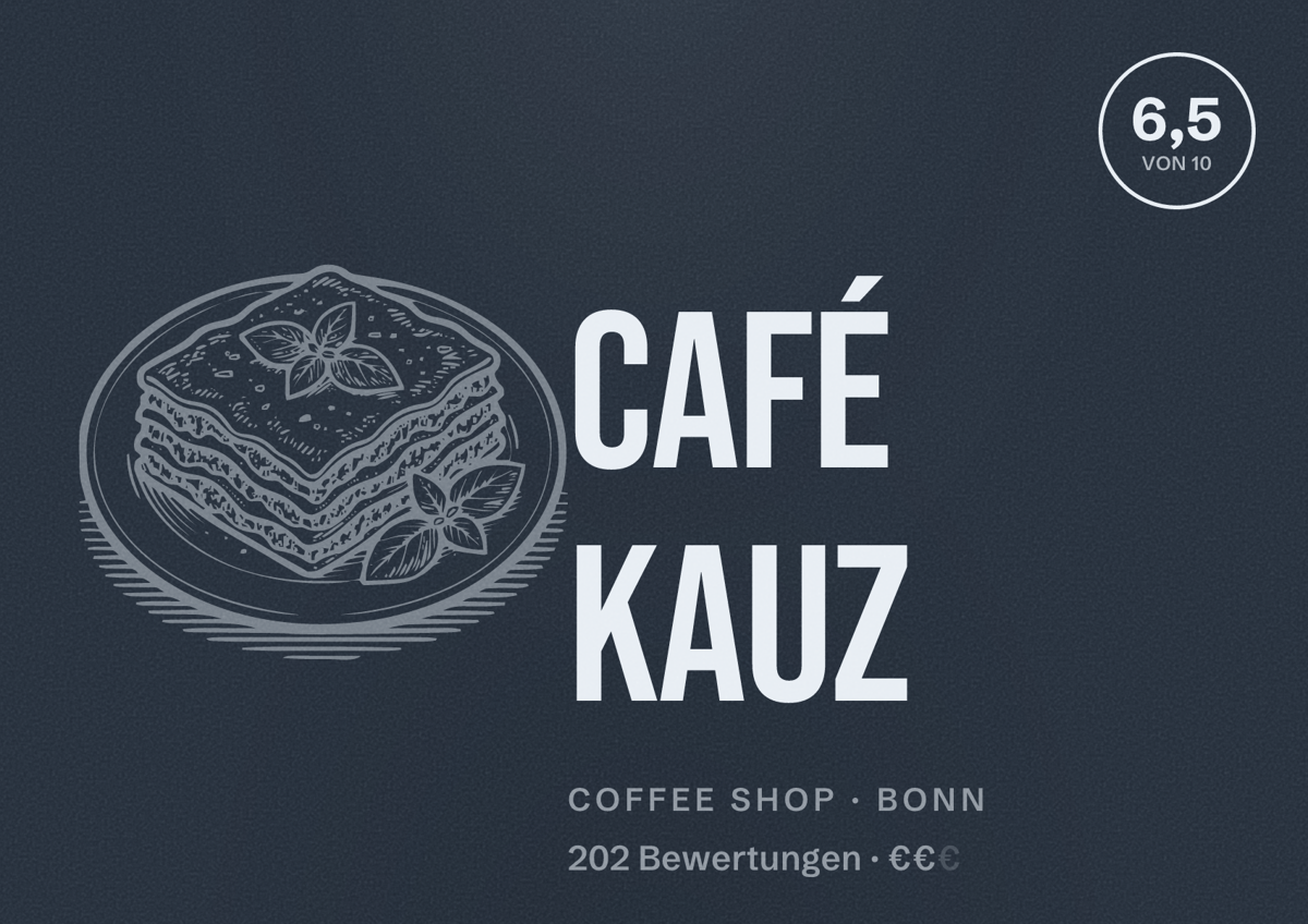 Illustriertes Poster von Café Kauz, Coffee Shop in Bonn: Bewertung 6,5 von 10 aus 202 Bewertungen, Preisniveau €€