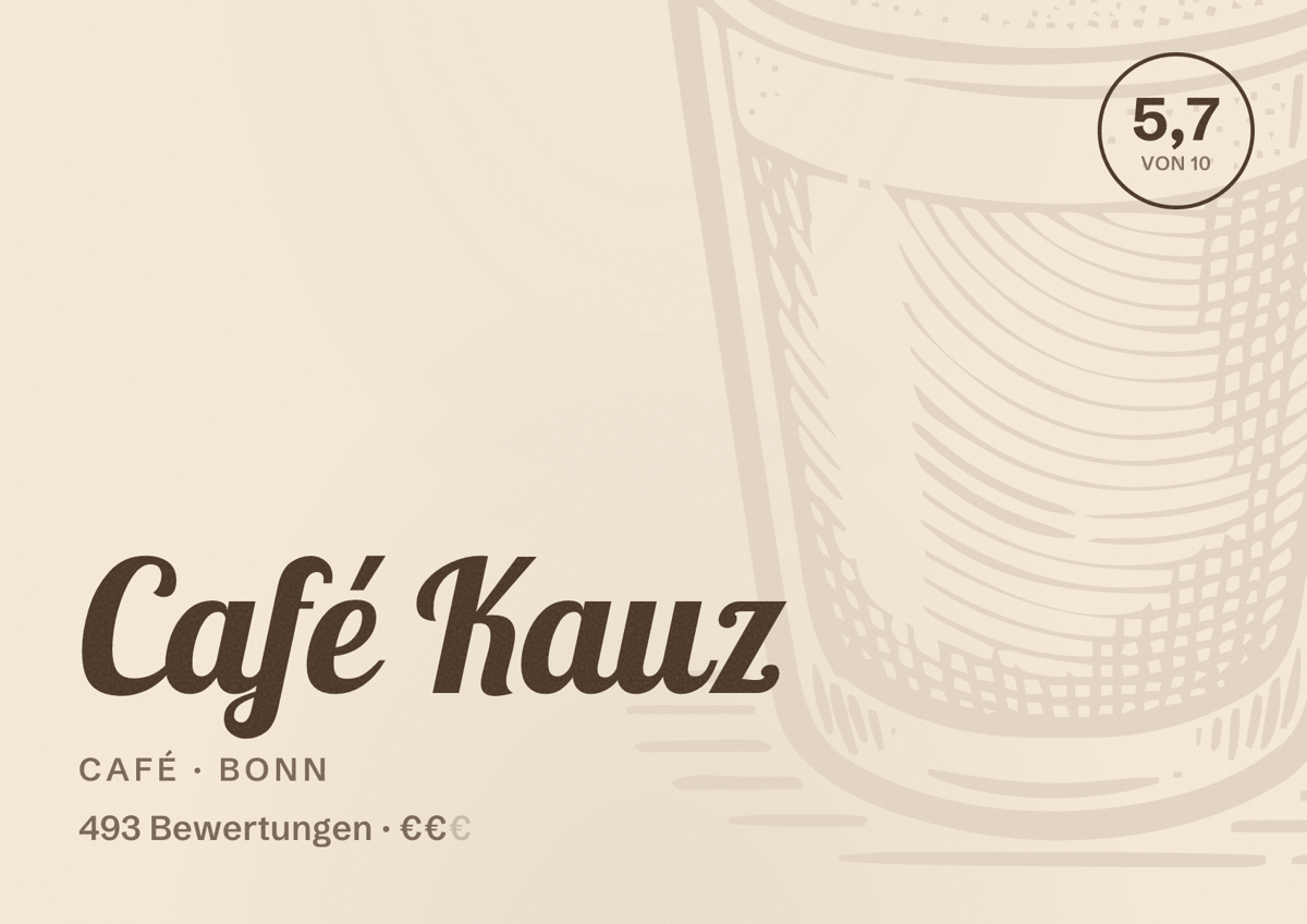 Illustriertes Poster von Café Kauz, Café in Bonn: Bewertung 5,7 von 10 aus 493 Bewertungen, Preisniveau €€