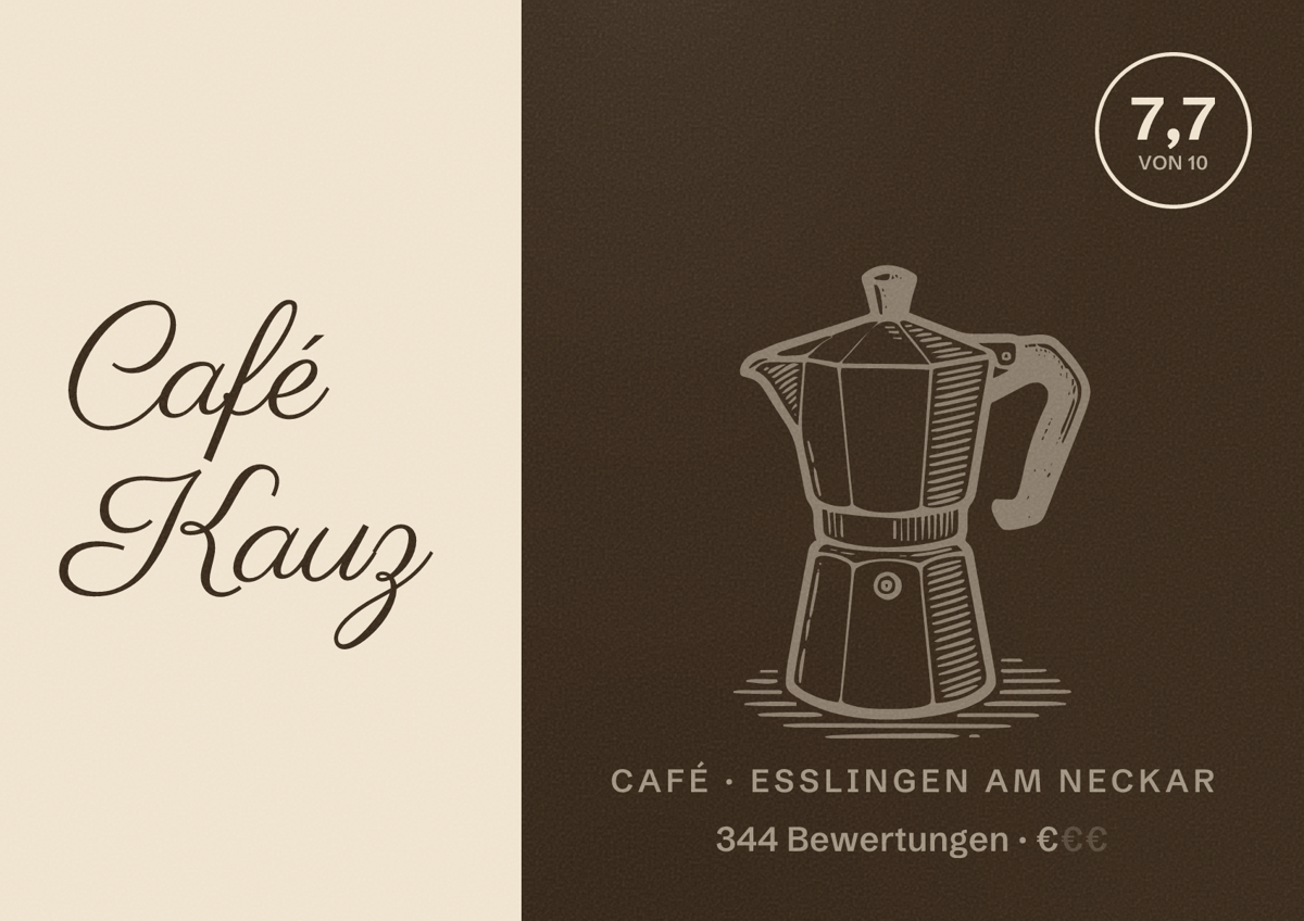 Illustriertes Poster von Café Kauz, Café in Esslingen am Neckar: Bewertung 7,7 von 10 aus 344 Bewertungen, Preisniveau €